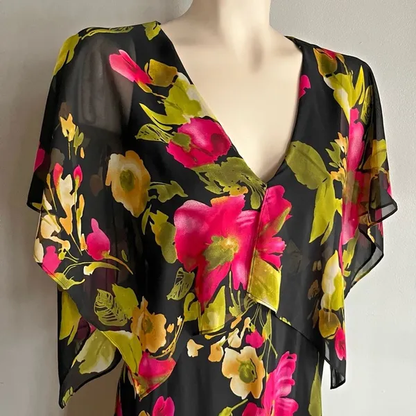 Vicky Tiel Black Floral Chiffon Midi Dress Flutter Sleeve Wedding Guest M - Image 9