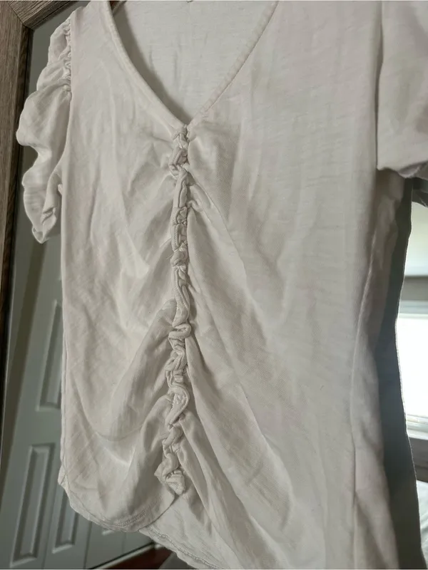 Nation LTD 100% Pima Cotton White Short Sleeve Ruffle Blouse Size XS - Image 4