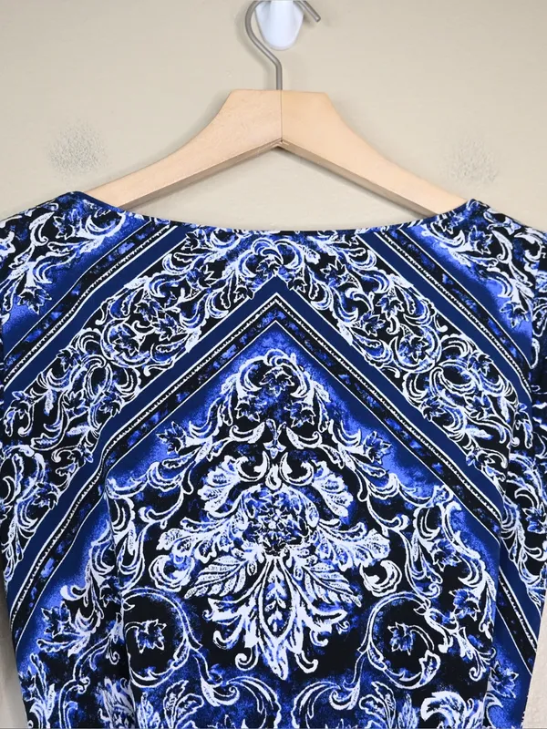 WHBM Women's XS Blue Black Blouson Patterned Keyhole Belted Mini Dress - Image 6