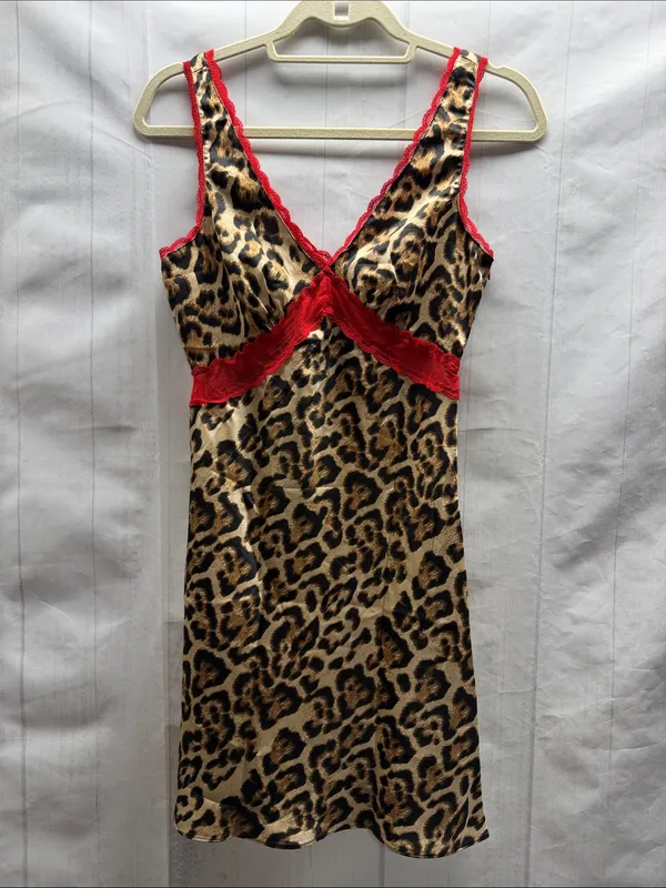 Kiwi & Co. NWT Cheetah Charm Leopard Print Red Lace Trim Mini Slip Dress - Image 2