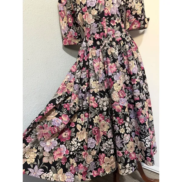 Miss Dorby Vintage 90s Floral Midi Dress L Black Purple Button‎ Front USA Made - Image 13