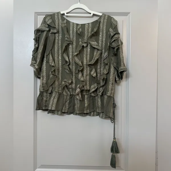 MISA Los Angeles Green/Gold Metallic Sedona Shimmer Ruffled Short Sleeve Blouse - Image 2