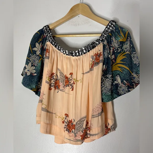 Free People “rockin‎ rochelle” crop blouse Short Sleeve Cream Blue XS - Image 3