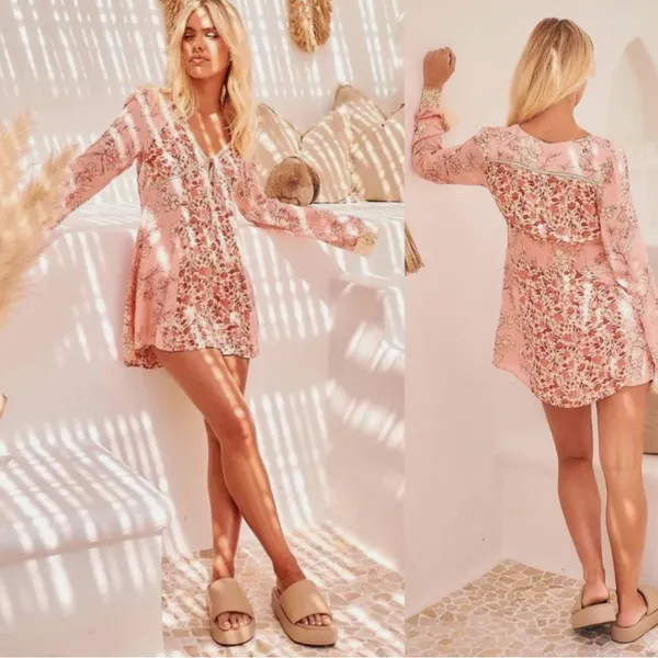 Free People Coquette Odette Fairycore Floral Printed Bell Sleeve Tunic medium - Image 3