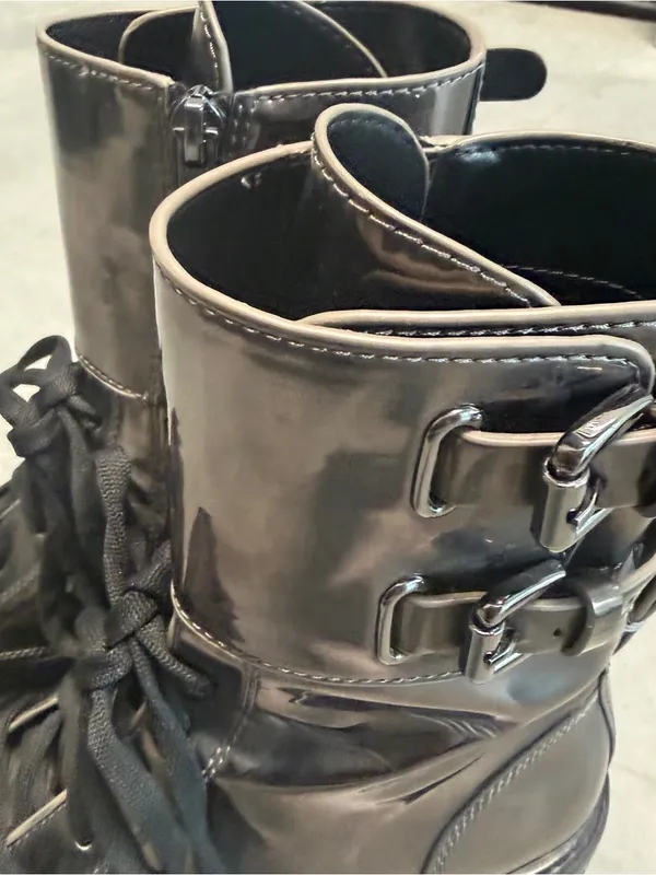 DKNY Black Patent Leather Combat Boots Lace Up Buckle Women’s 8 - Image 6