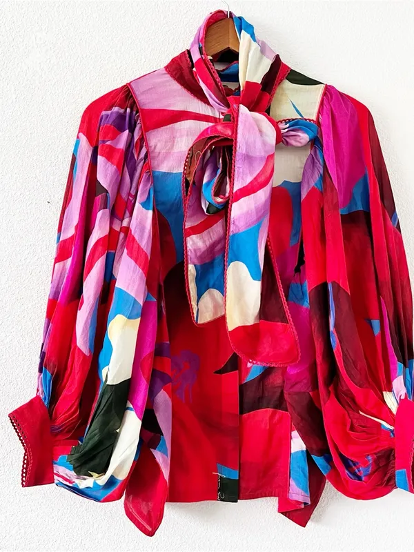 Farm Rio Watercolor Floral Blue Balloon Sleeve Tie Neck Blouse - Image 3