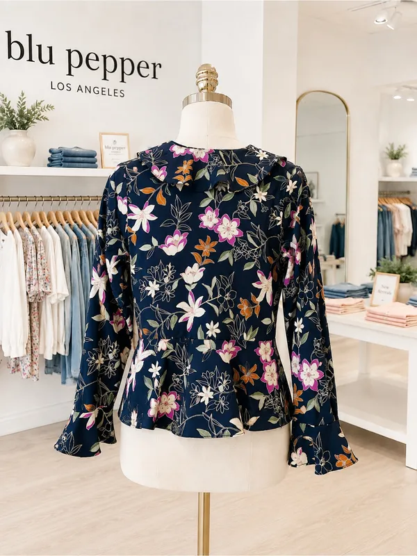 Blu Pepper Navy Floral Ruffle Wrap Peplum Blouse Bell Sleeve Large L - Image 2
