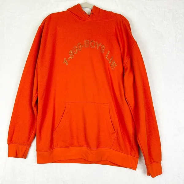 Boys Lie 1-800-Boys-Lie Remix Hoodie One Size Orange Rhinestone Embellishment - Image 2