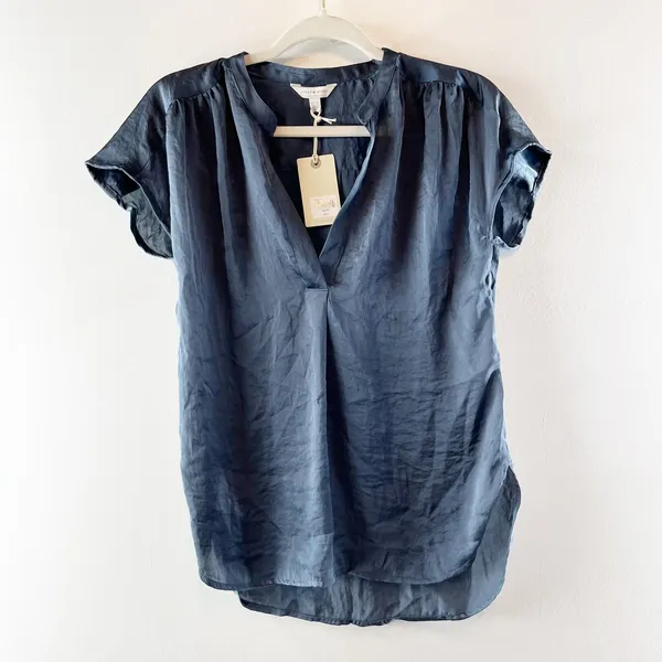 Lucky Brand Satin V Neck Short Sleeve Top Blouse Blue XS - Image 2