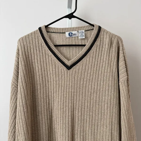 Arizona XL Tan Sweater Silk Lambswool‎ Ribbed Grandpacore Academia Trim Preppy - Image 2