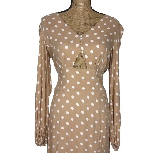 AFRM Kimmy Midi Dress Cutout Slit Tan White‎ Polka Dot Long Sleeve Size Medium - Image 2
