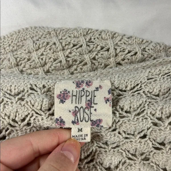 Hippie Rose Open Knit Crochet Top Tan Flare Sleeve Boho Cottagecore Coquette Festival Medium - Image 3