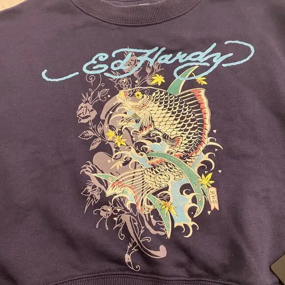 NWT Y2K Ed Hardy Cropped Crewneck Sweatshirt Navy‎ Women's Small - Image 4