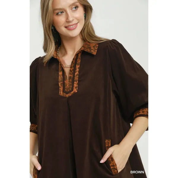 Umgee V-Neck Shift Dress with Contrast Trim - Brown - Medium - Image 5