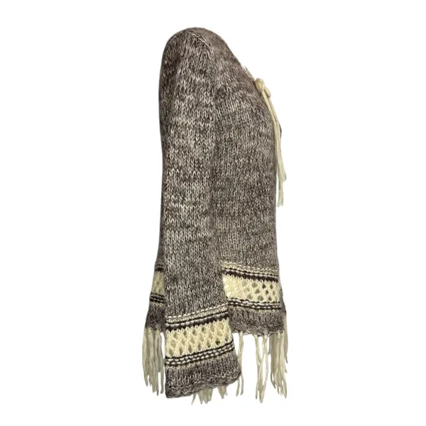 Folk Mohair‎ Blend Fringe Sweater L Boho Lace Up Knit Large Earthy Tribal Boho - Image 4