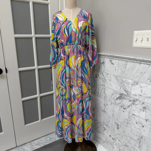 Esqualo Colorful Abstract Print V-Neck Tie-Sleeve Midi Dress Ocean Flower Size 6 - Image 2