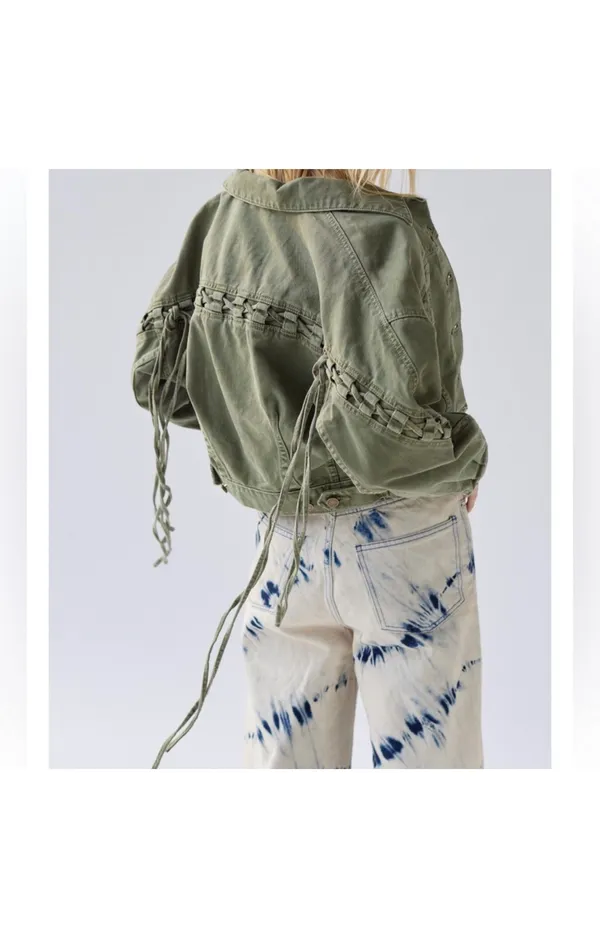 Urban Outfitters Army Olive Green BDG Samarria Laced Fringe Denim Trucker Jacket - Image 2