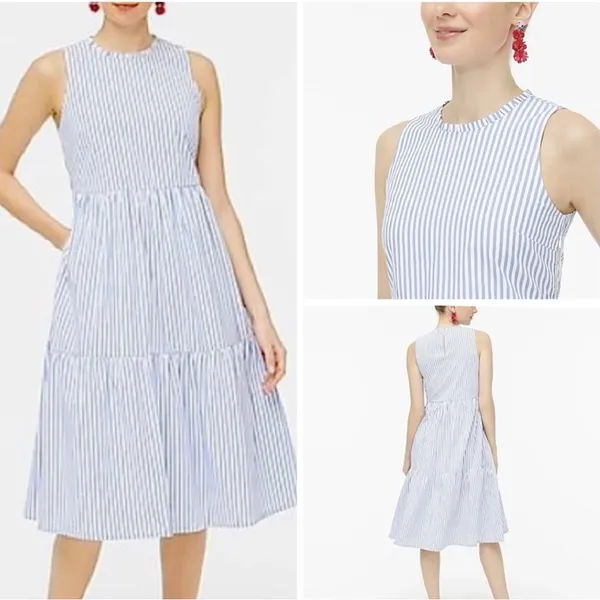 J. Crew Blue White Stripped Seersucker Tiered Dress Size 4 Preppy Southern EUC - Image 2