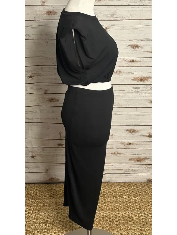Black bodycon crop top high-waisted midi pencil skirt set Size Small minimalist - Image 4