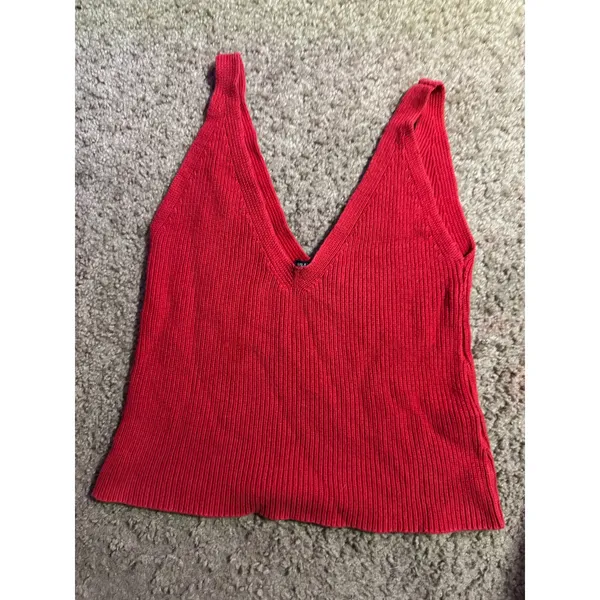 Brandy Melville Red Ribbed Knit Deep V-Neck Tank Top Sleeveless Vest One Size - Image 2