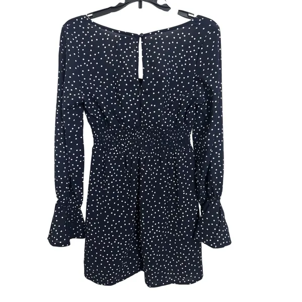 Princess Polly Navy White Polka Dot Bell Sleeve Smocked Mini Dress 8 Whimsical - Image 3