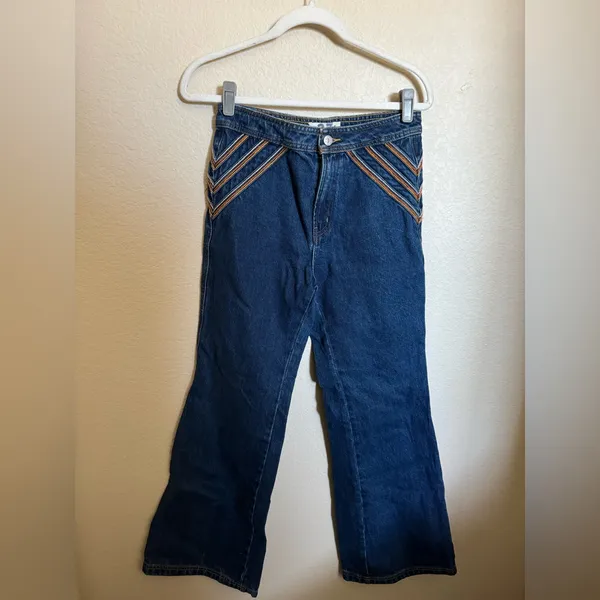 Free People Over The Rainbow Flare Jeans High Waisted Blue Women's Size 27‎ - Image 5