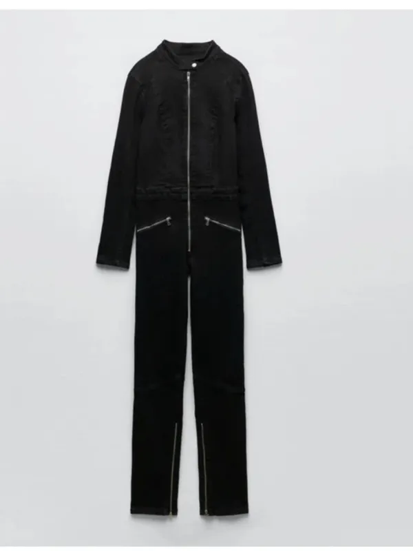 NWT ZARA Black Zip Denim Jumpsuit Long Sleeve Moto Utility XS 8197/247 Stretch - Image 2