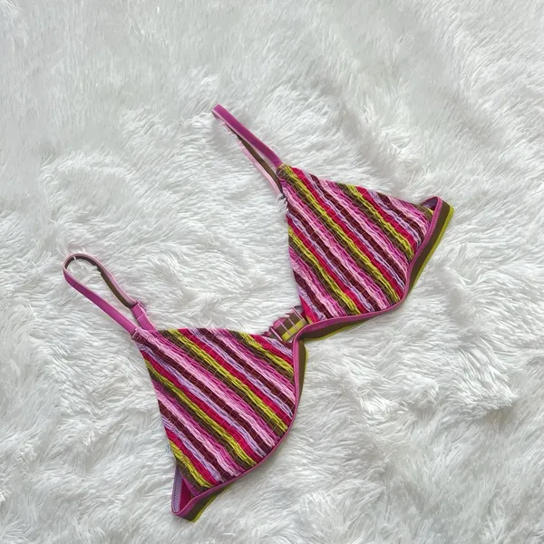 NEW Aerie Retro Striped Seersucker Triangle Bikini Top Pink Multi Textured XL - Image 4