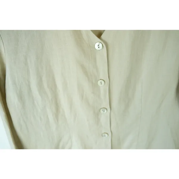 Vintage AMI 100% Linen Tan Embroidered Floral Button Up Long Sleeve Womens M - Image 4