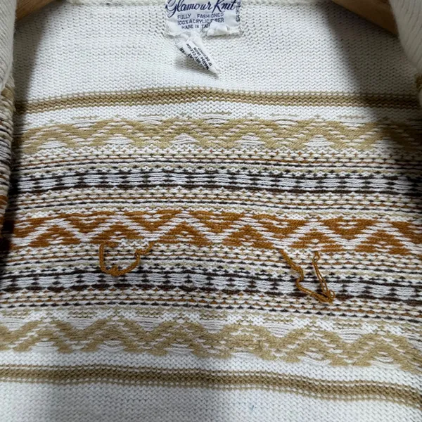 Glamour Knit Vintage Fair Isle Cardigan Sweater White Brown Geometric Belted M - Image 5