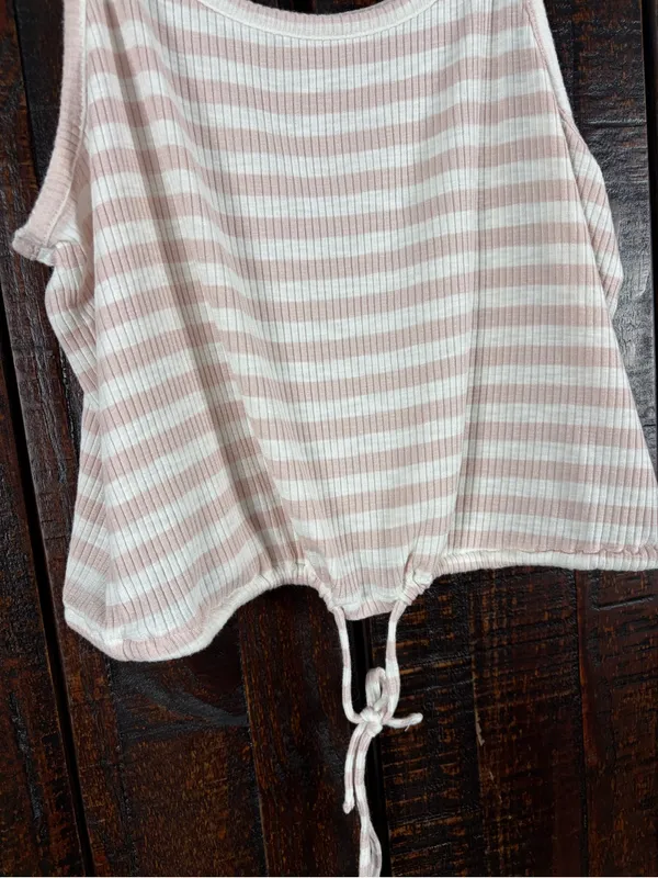 Striped Ribbed Tie-Hem Tank Top in Light Pink & White - Image 3