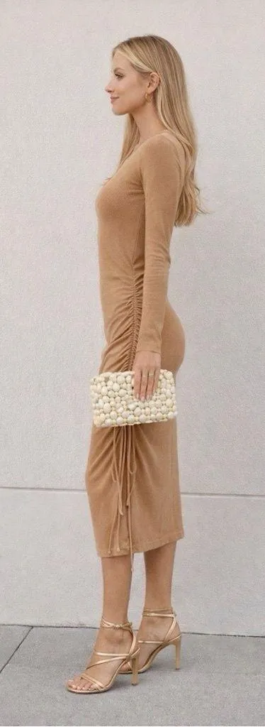 HELLO MOLLY Ribbed Knit Bodycon Ruched Tan Brown Midi Dress Sz M - Image 2