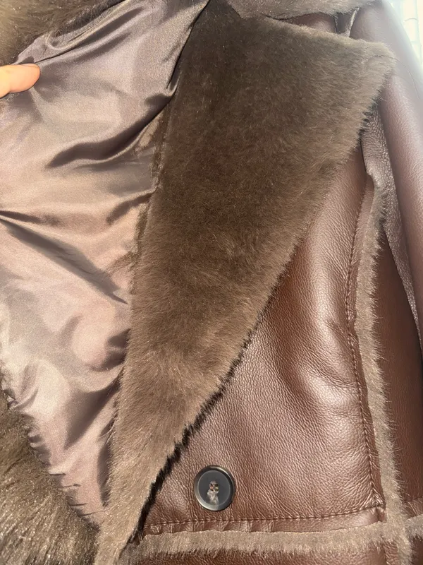 Women leather fur coat size XL brown - Image 7