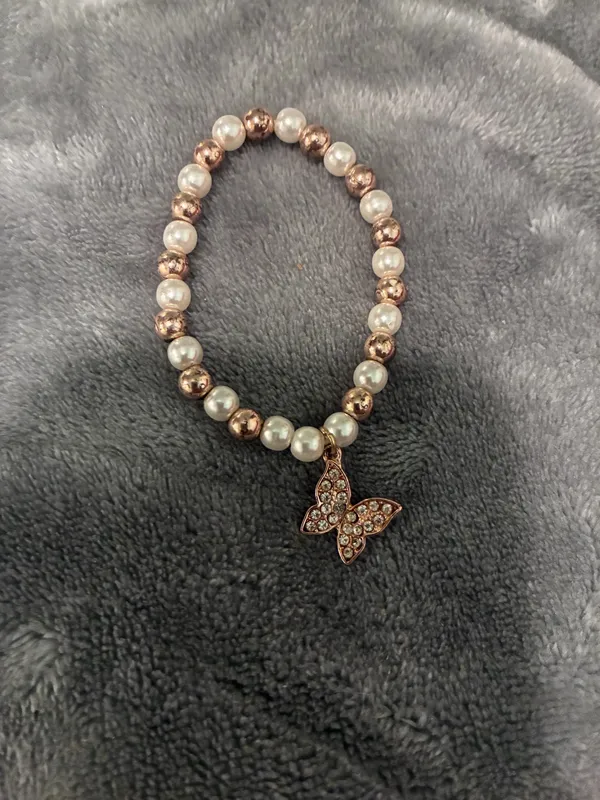 Blush Crush Pearl and Rose Gold Butterfly Charm Stretch Bracelet - Image 2