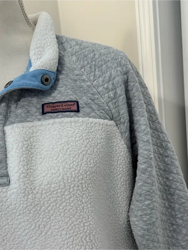 Vineyard Vines Mixed Media Sherpa Shep Shirt Pullover Cream Gray Quilted Large L - Image 2