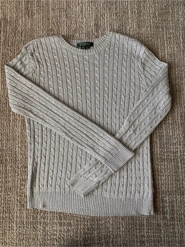 Lauren Ralph Lauren Silver Metallic Cable Knit Sweater Women XL Crew Neck - Image 7