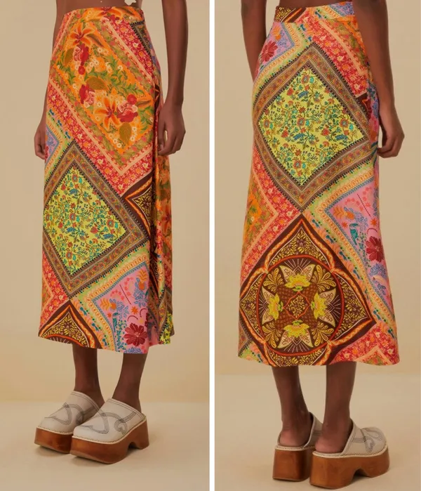 Farm Rio Mixed Scarves Satin Slip Midi Skirt, Size XS - Image 13