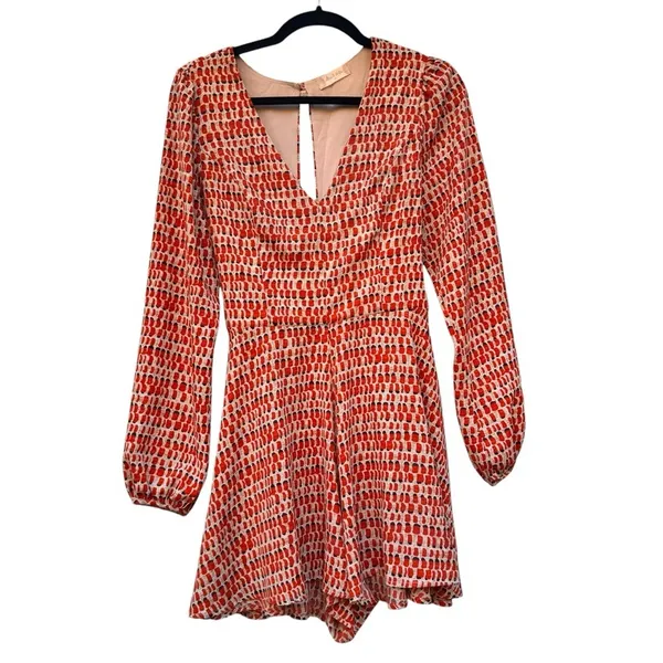 Altar’d State Orange Red Plaid Smocked Romper Women’s Medium Balloon Sleeve EUC - Image 13