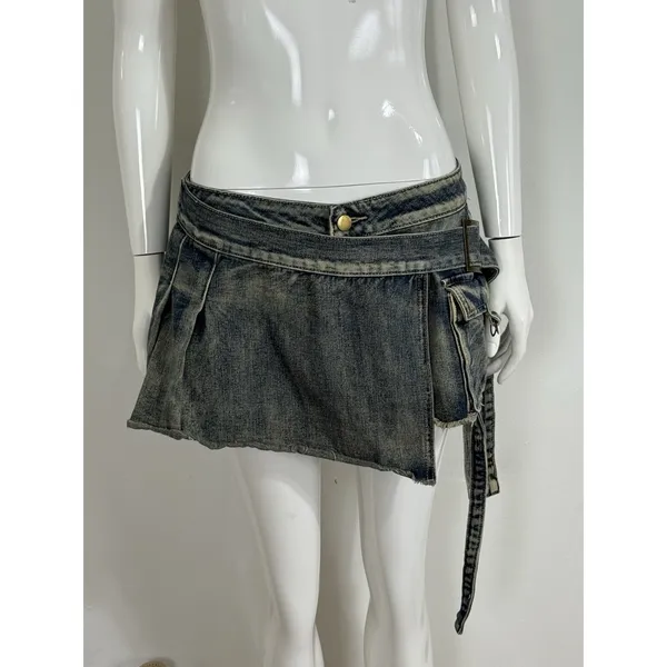 Vintage Y2K Women’s Denim Cargo Mini Skort Low Rise Belted Pockets 2000s Size M - Image 3