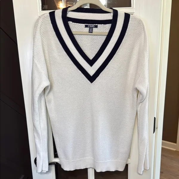CHAPS White & Navy Preppy Academia V-Neck TENNISCORE Cable Knit Sweater XL - Image 2