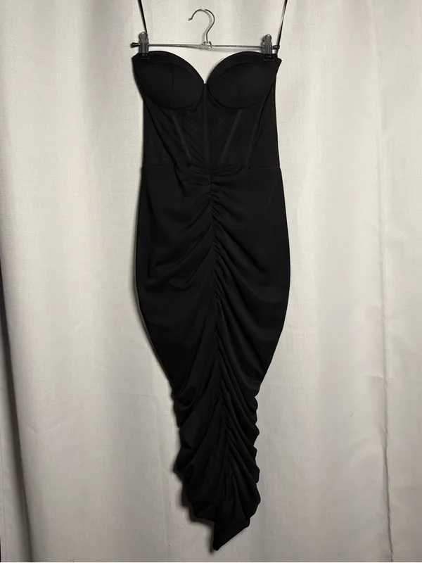 ASOS DESIGN Premium Mesh Bandeau Corset Ruched Black Midi Dress Size US 6 - Image 3
