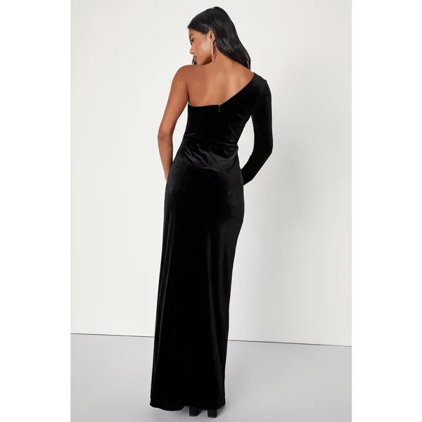 NWT Lulus Mysterious Elegance Black Velvet One-Shoulder Maxi Dress Gala Sz M - Image 3