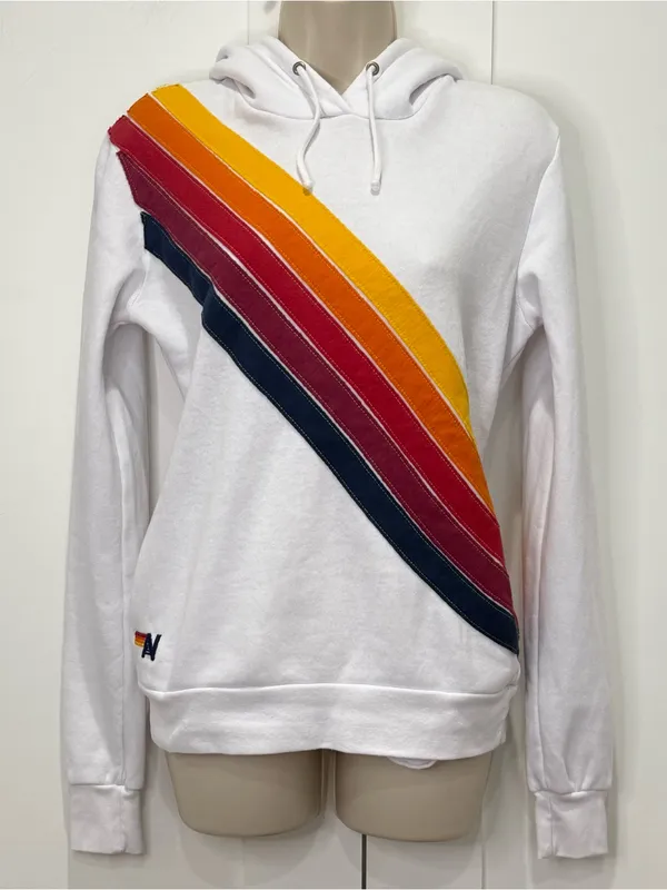 Aviator Nation Cross Stripe Pullover Hoodie XS White Rainbow Lounge Beachy Surf - Image 6