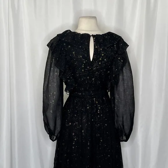 BY THE RIVER Chiffon Midi Dress Ruffled Black Gold Stars Party Glam Star Small‎ - Image 10