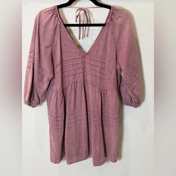 Mustard Seed Pink Boho Babydoll Mini Dress with V-Neck Size Small - Image 4