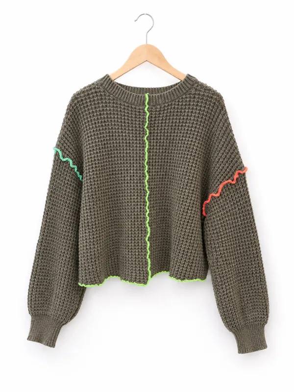 New IN Women’s Waffle Knit Sweater Medium Brown Neon Contrast Stitch - Image 2
