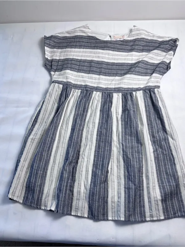 Altar'd State Dress Medium M Gray White Striped Cotton Mini Boho Babydoll Lined - Image 3