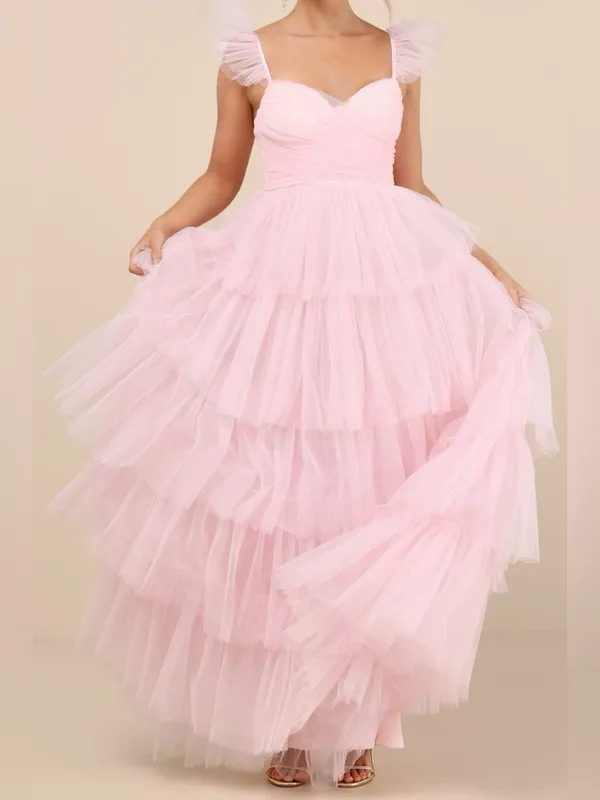 Lulus Fabulous Poise Light Pink Tulle Ruffled Tiered Maxi Dress Size Small NWT - Image 3