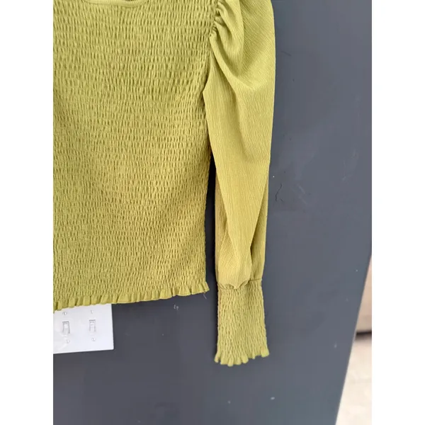 By Anthropologie Smocked Puff Sleeve Top Chartreuse Green Long Sleeve Small - Image 6