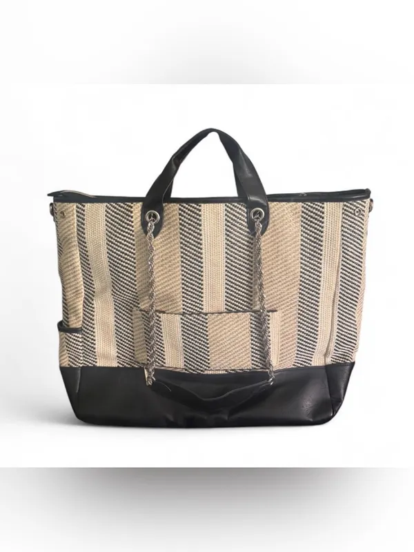 BEIS Black and Cream Striped Chain-Handle Tote inches 22 x 16 - Image 3
